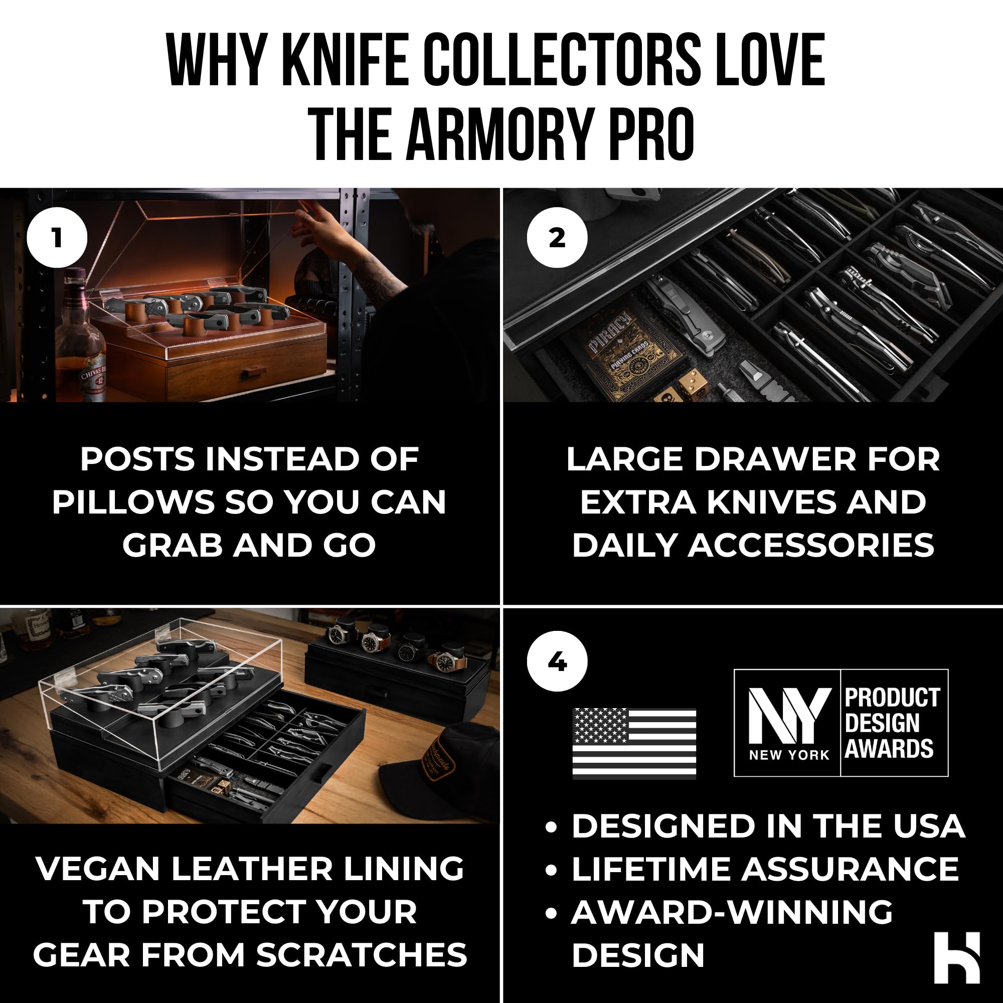 Holme & Hadfield Armory Pro drawer open showing organized blade storage
