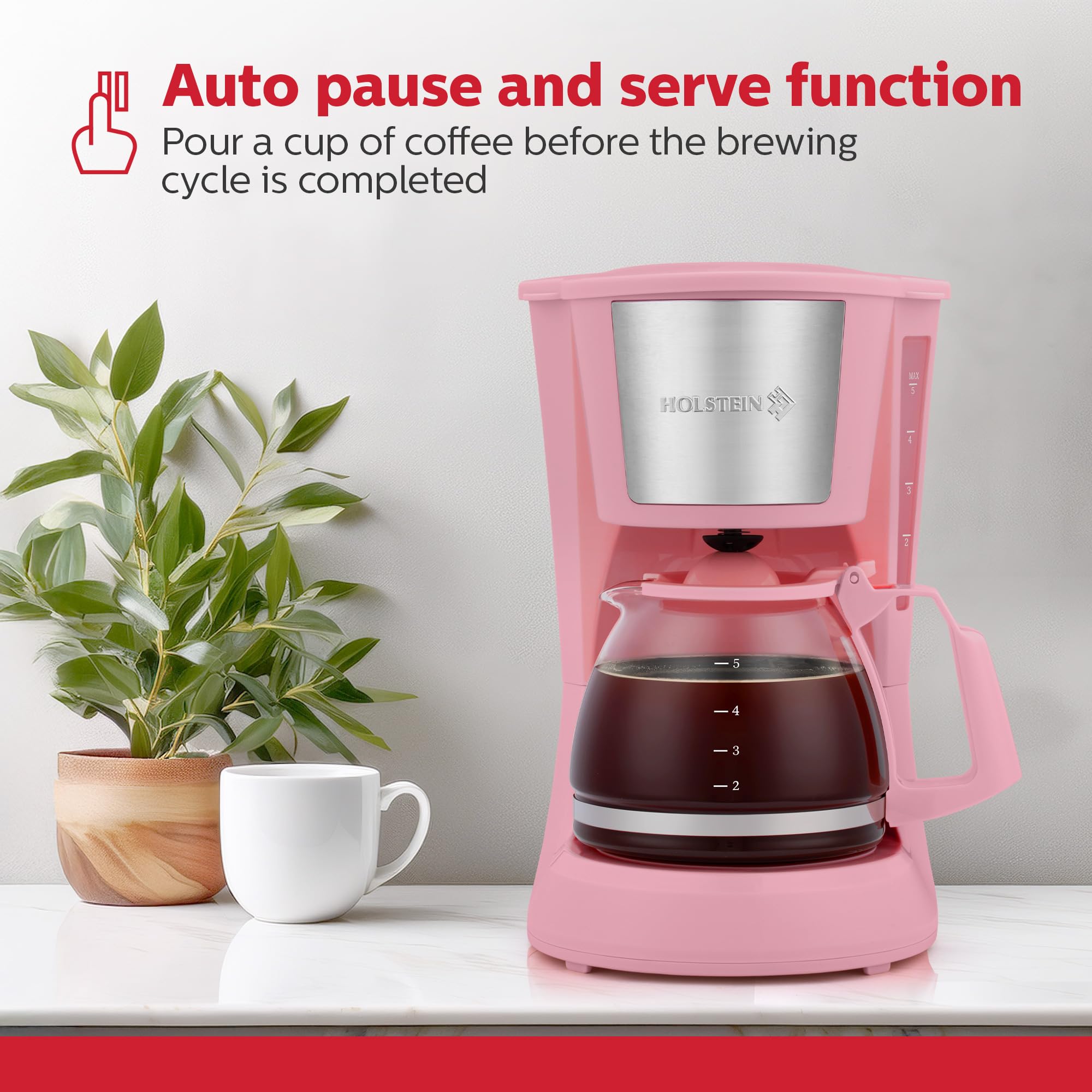 Holstein Housewares 5 Cup Pink Control Panel focuses on simple one-touch brewing