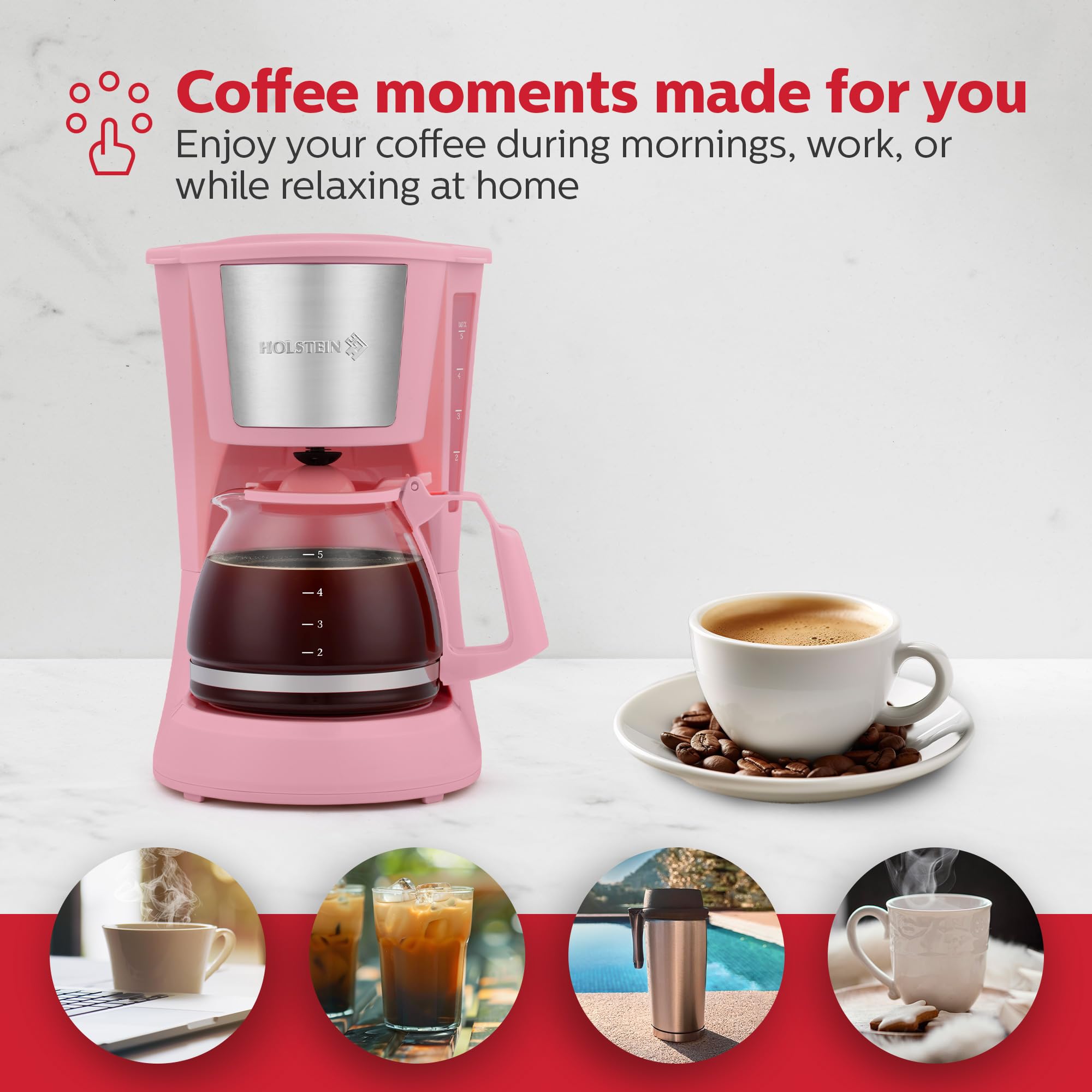 Holstein Housewares 5 Cup Pink Dispensing image showcases auto pause and serve convenience