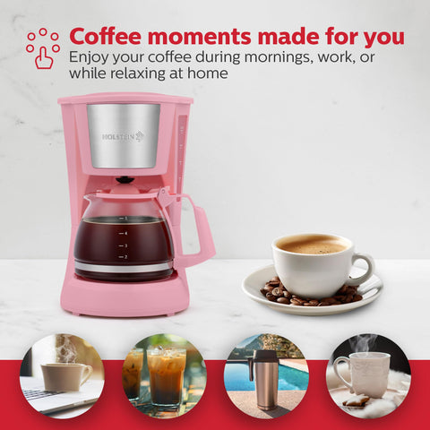 Holstein Housewares 5 Cup Pink Dispensing image showcases auto pause and serve convenience