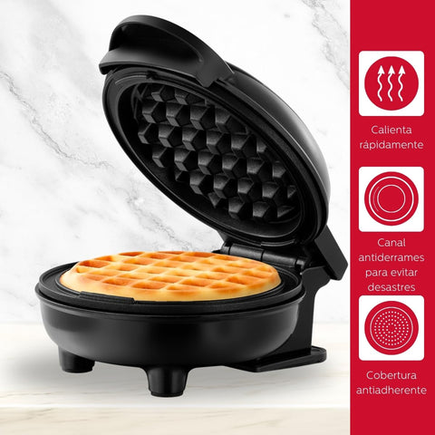 Holstein Housewares waffle maker in a dorm kitchen setup for small spaces.