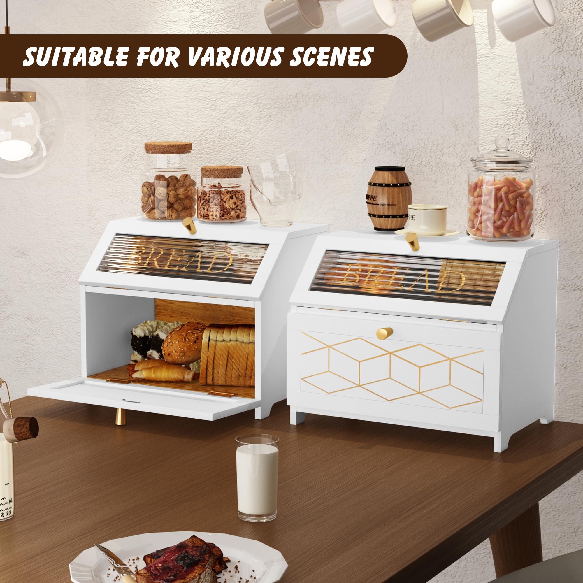 HOLTICO bread box countertop white finish on kitchen counter