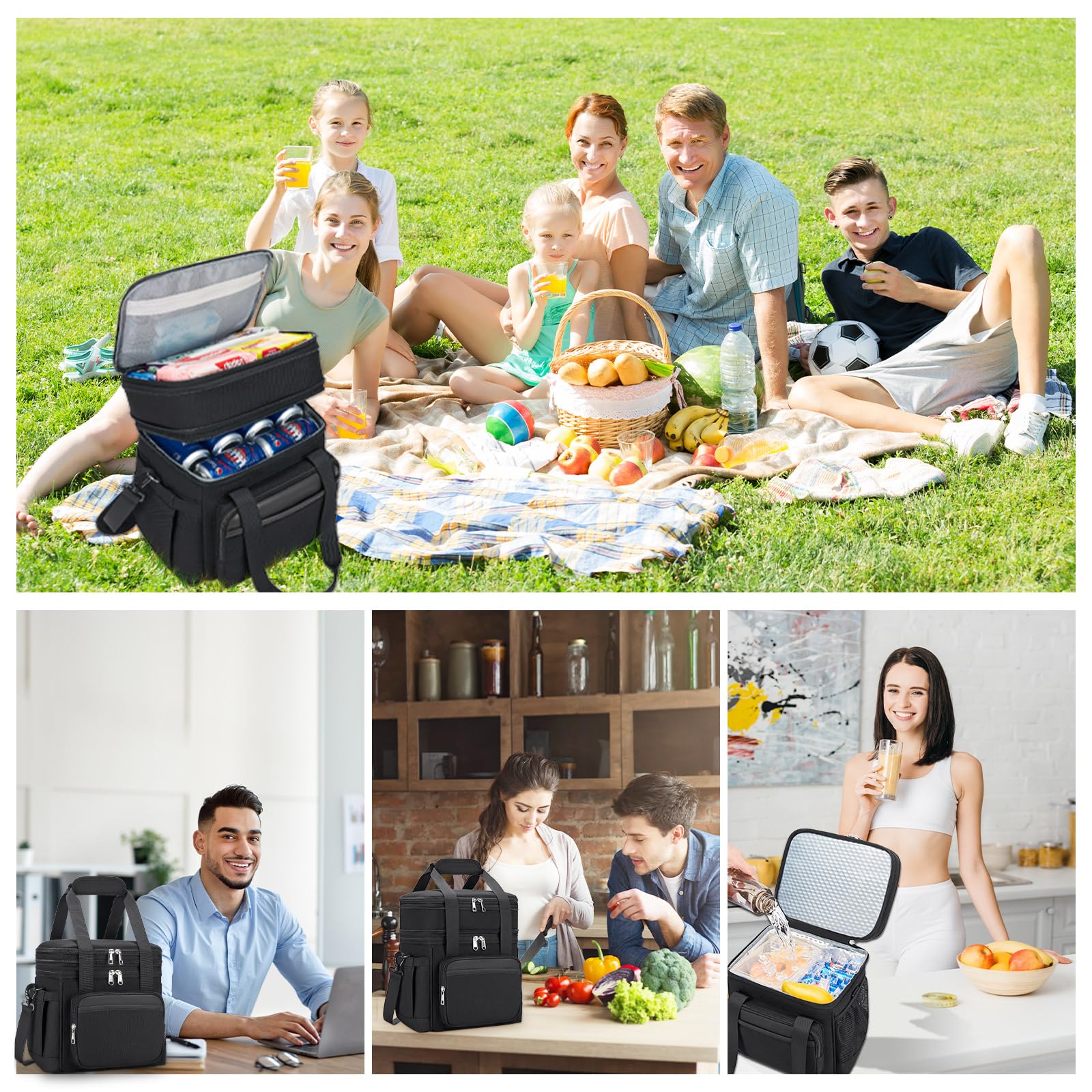 Holuxer black insulated tote suitable for work, picnics, and travel.