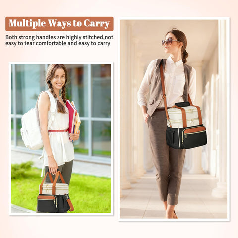 Holuxer lunch bag showing double-deck expandable top compartment for extra space.