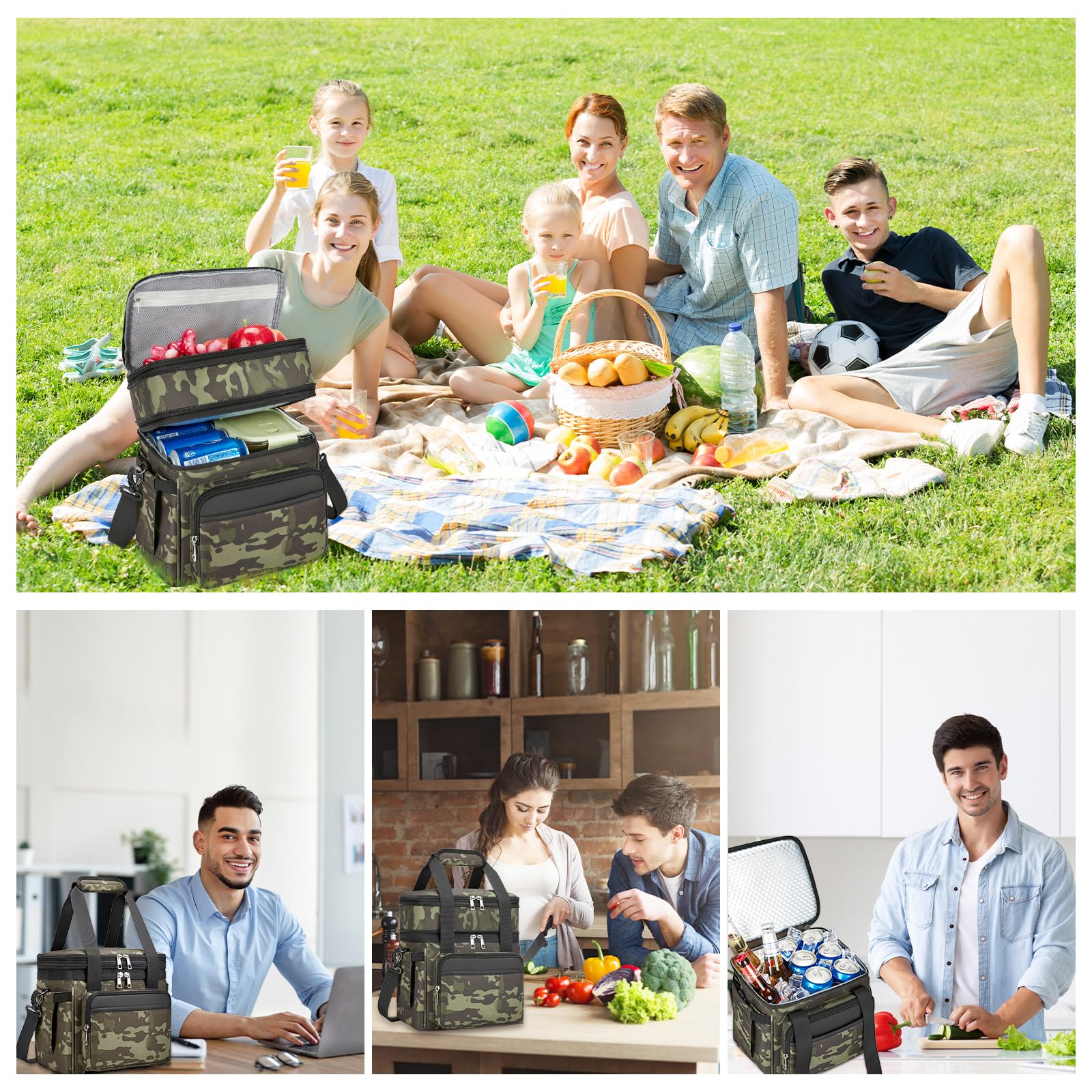 Holuxer camo insulated tote ideal for picnics, work, or travel.