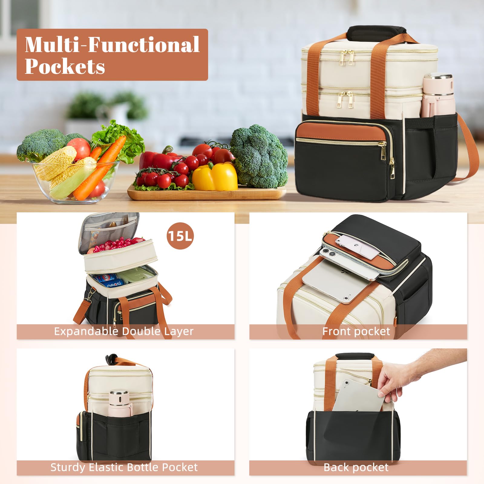 Holuxer lunch bag side pockets for quick access and organization.