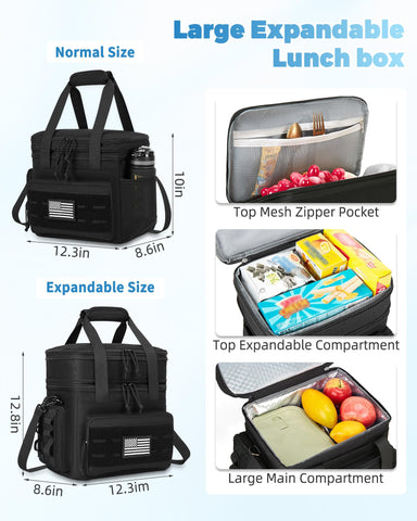 Holuxer tactical lunch bag expandable dimensions show roomy capacity for meals and drinks