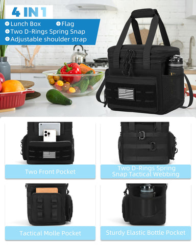 Holuxer tactical lunch bag side pockets highlight quick access to bottles and small items