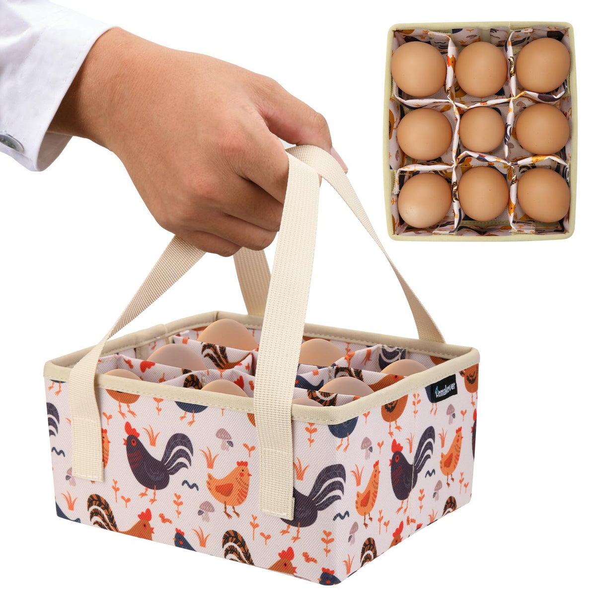 Homakover eggs-collecting-basket with 9 pouches for safe egg collection.