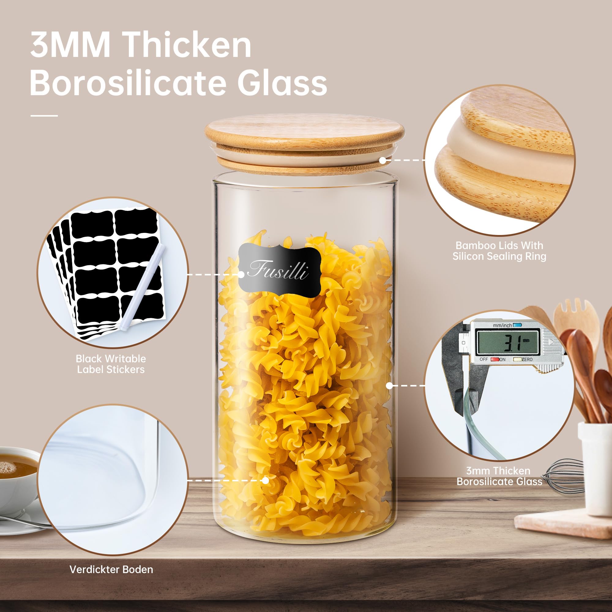 HomArtist 32oz glass jar with bamboo lid, multiple jars for pantry organization.