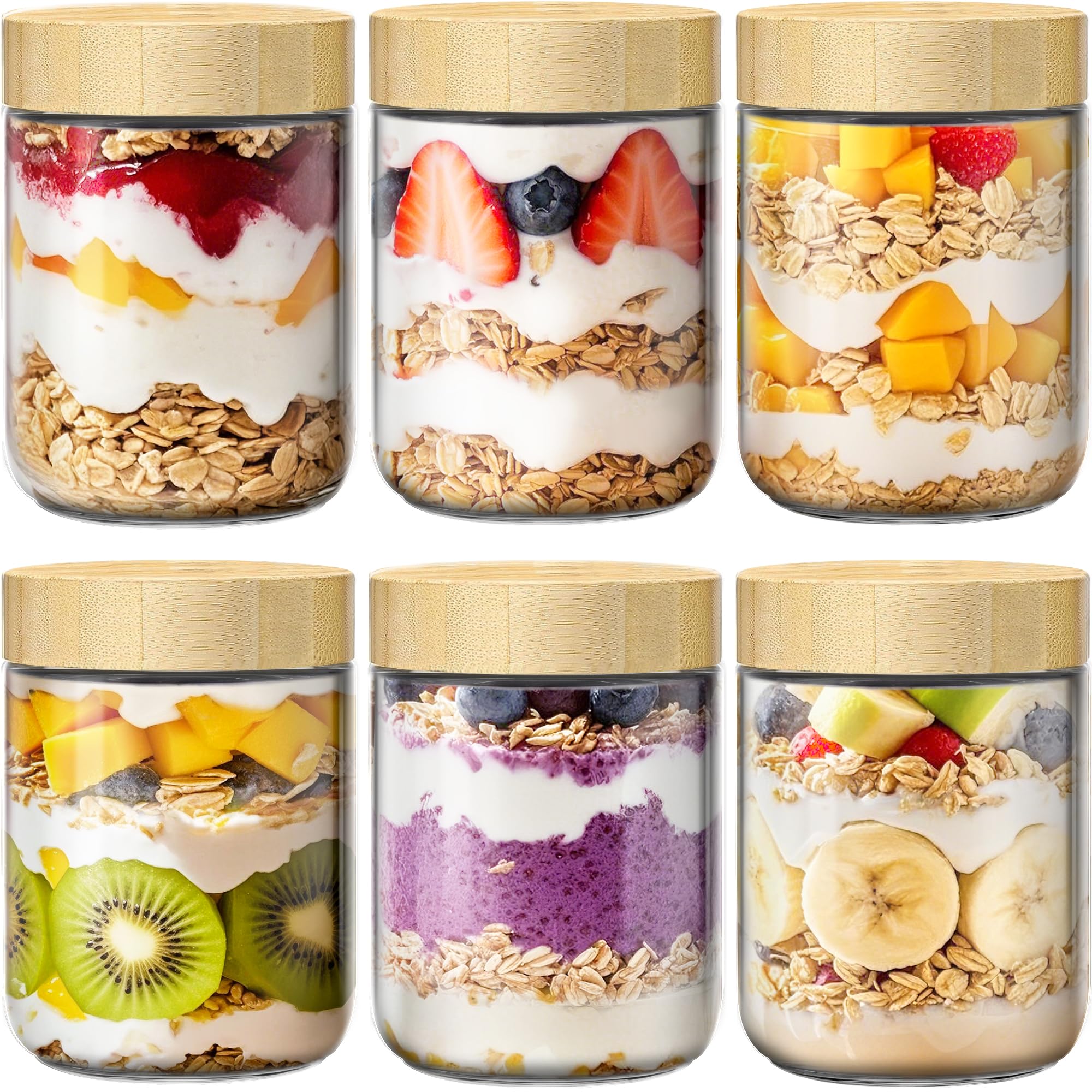 HomArtist 6-pack overnight oats containers with bamboo lids for easy meal prep