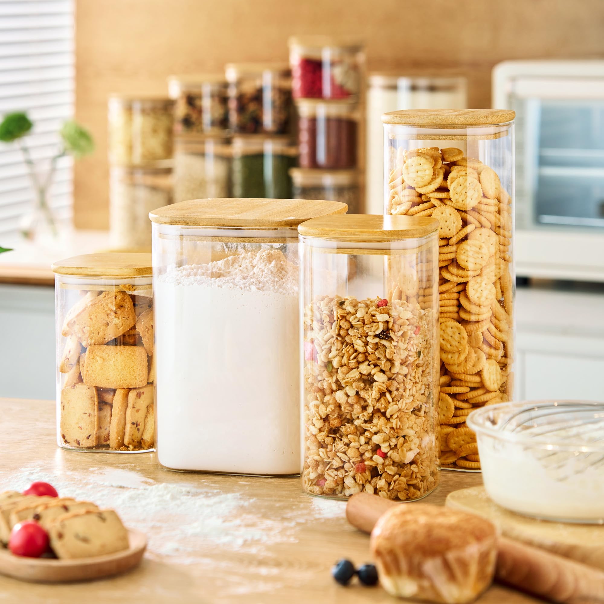 HomArtist transparent jars allow quick content visibility in the kitchen.