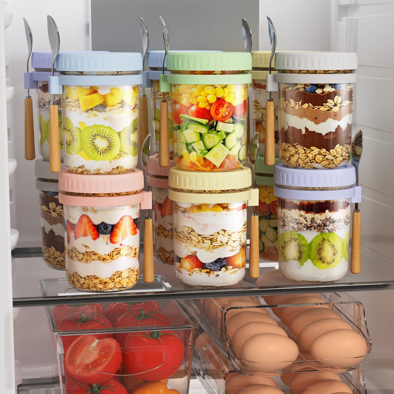 HomArtist crystal-clear glass jar displays colorful layers of oats and fruit