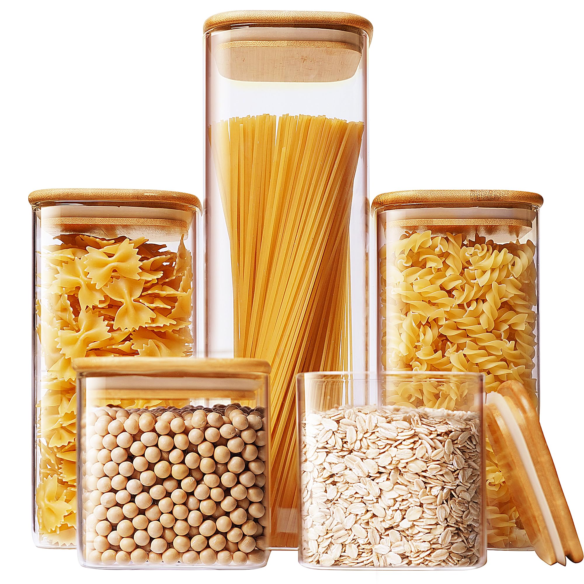 HomArtist square glass jar 79oz with bamboo lid for pasta storage.