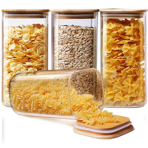 HomArtist square glass jars with bamboo lids set for pantry organization.