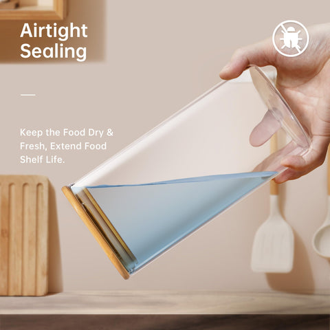 HomArtist square glass storage container shown in a neat kitchen setup.