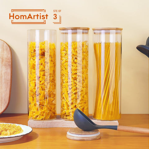 HomArtist tall glass jar with spaghetti, highlighting ample capacity.