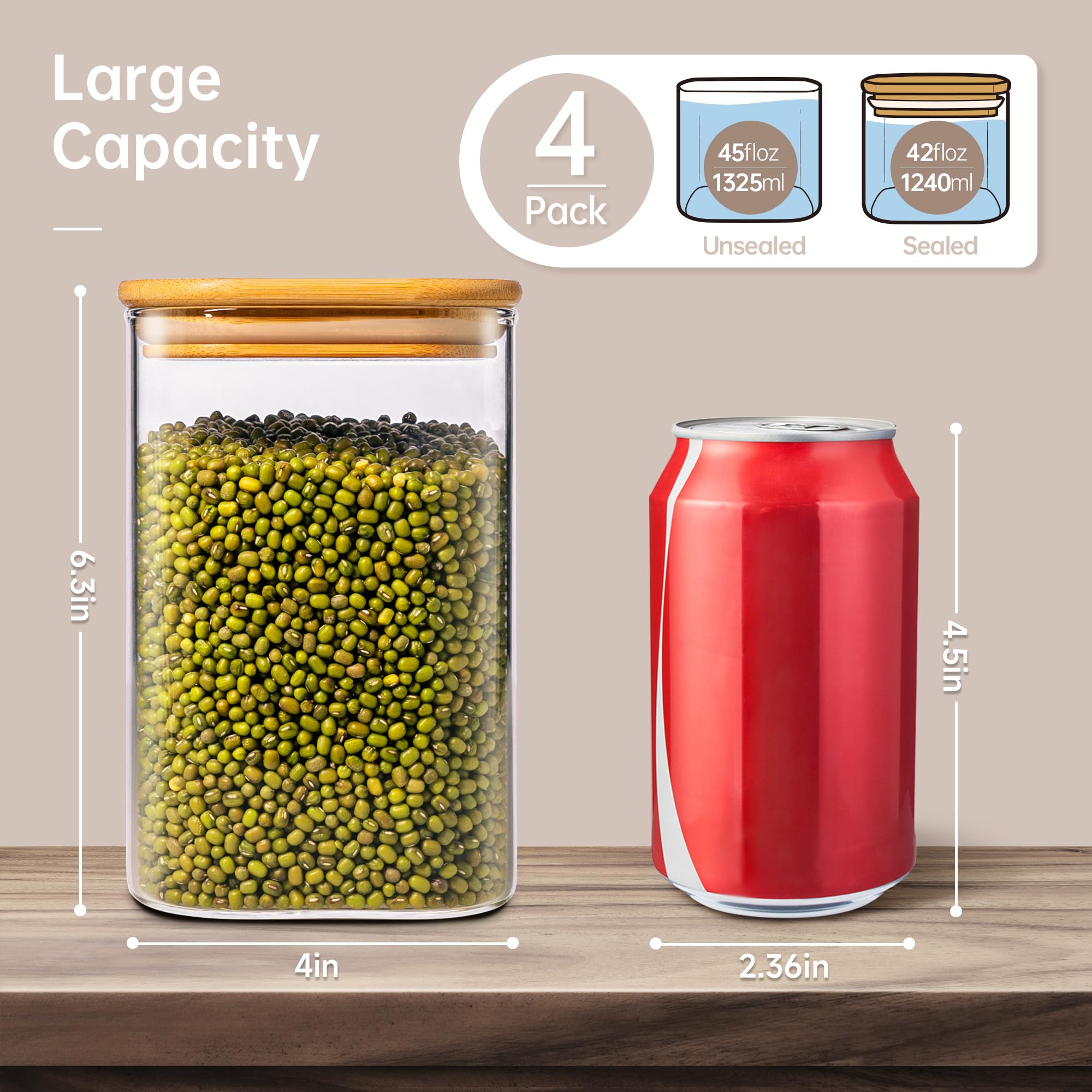 HomArtist wide-mouth square glass jar with bamboo lid for easy filling and cleaning.