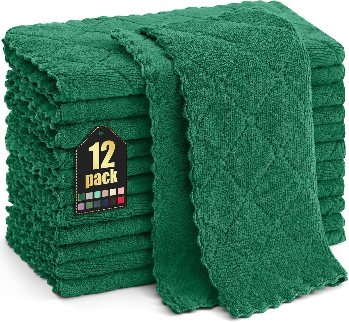 Homaxy 12-pack dish cloths in dark green, ultra-absorbent for quick spill cleanup.