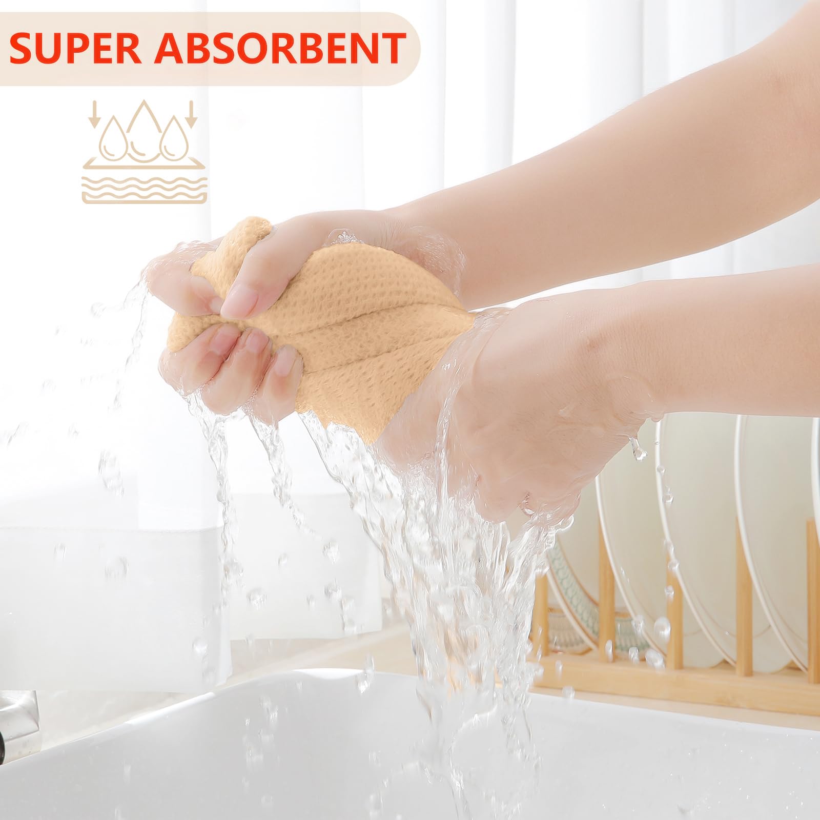 Homaxy absorbent towels in use for drying dishes without lint.