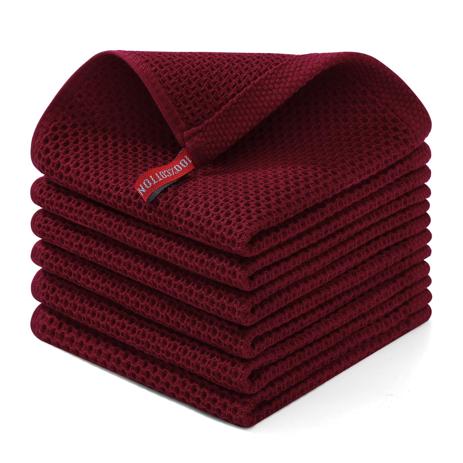 Homaxy burgundy 100% cotton waffle dishcloth close-up for soft scrubbing and gentle cookware care.