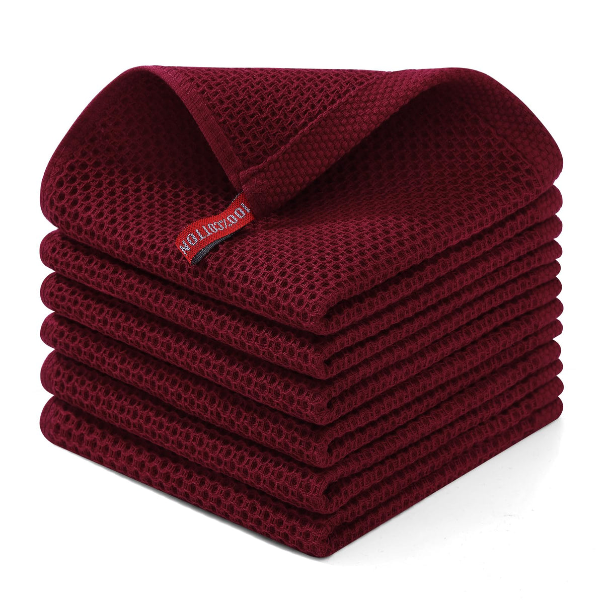 Homaxy burgundy 100% cotton waffle dishcloth close-up for soft scrubbing and gentle cookware care.