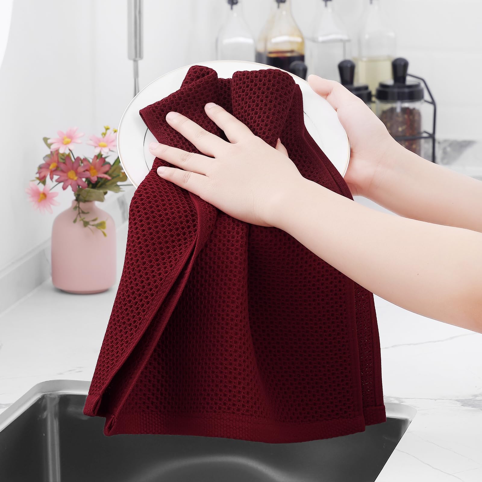 Homaxy burgundy dish towels kitchen use drying demonstrates quick-dry performance