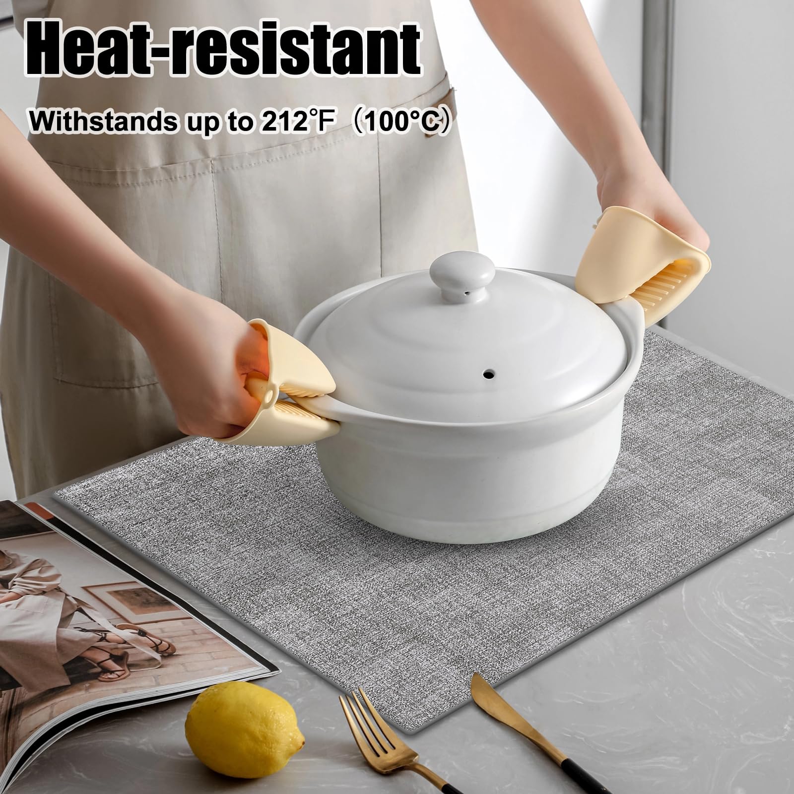 Homaxy heat-resistant placemats showing protection up to 212 F for hot dishes.
