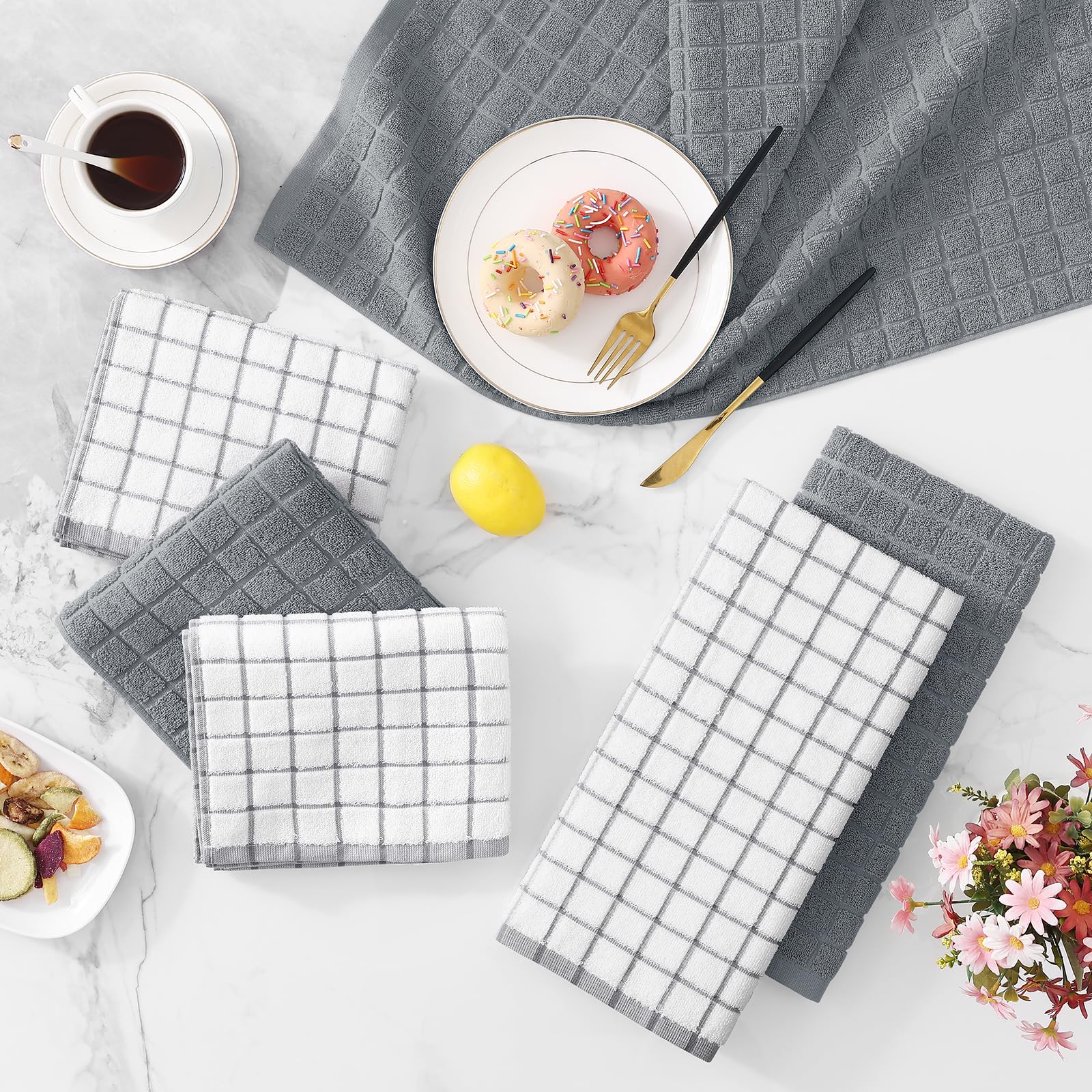 Six-pack Homaxy towels offer timeless grey check pattern for coordinated kitchen decor.