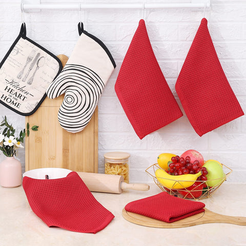 Homaxy red cotton towels used in a bright kitchen setup