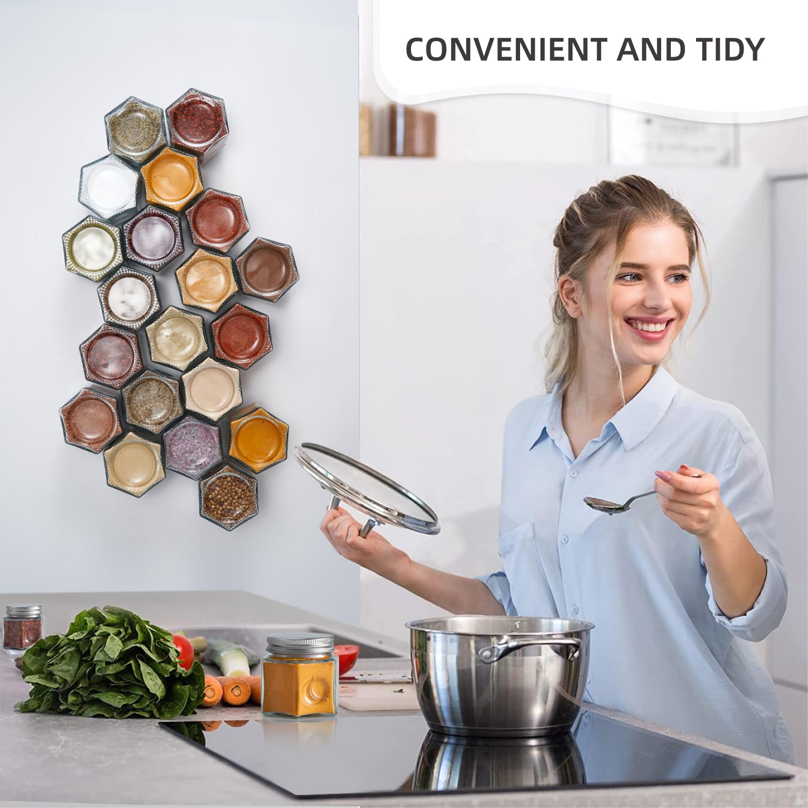 Homazing fridge-mounted spice storage keeps jars within reach.
