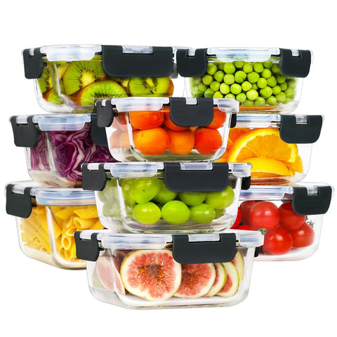 HOMBERKING 18-piece glass storage set with lids for organized leftovers.