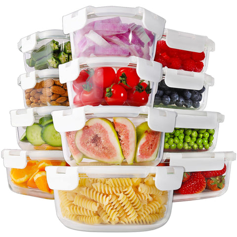 HOMBERKING 24-piece glass container set with lids for organized leftovers and meal prep.