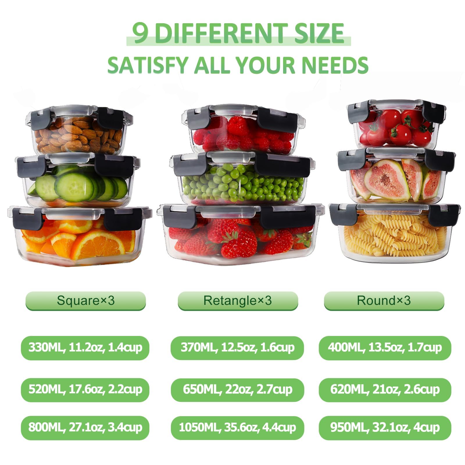 HOMBERKING 370ml rectangle glass container with airtight lid for meal prep.