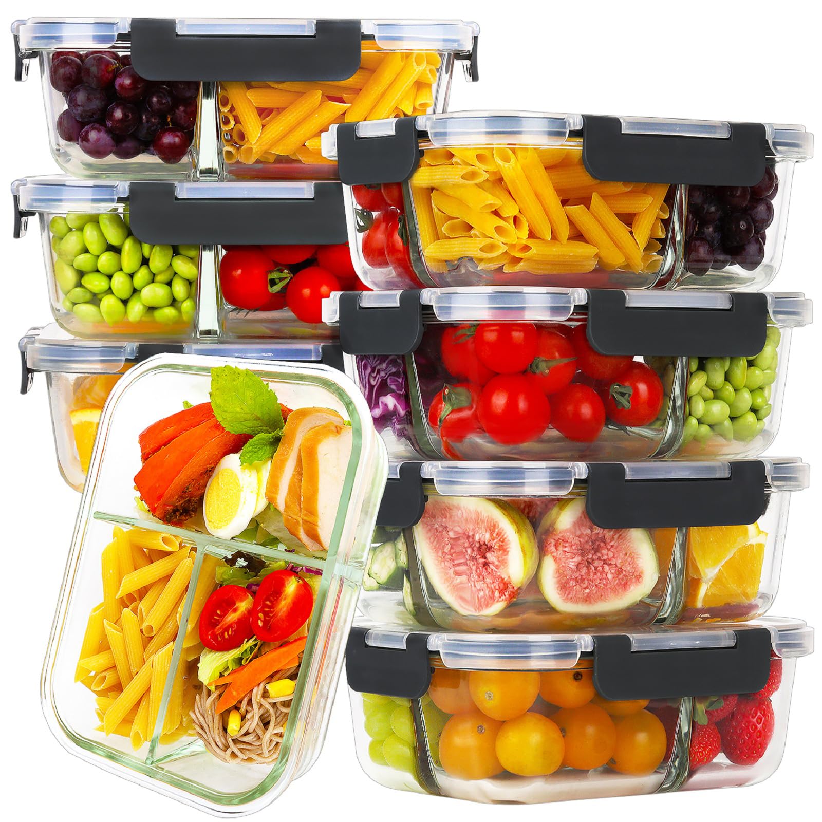Homberking 8-pack glass container top view for organized meal prep with clear borosilicate glass