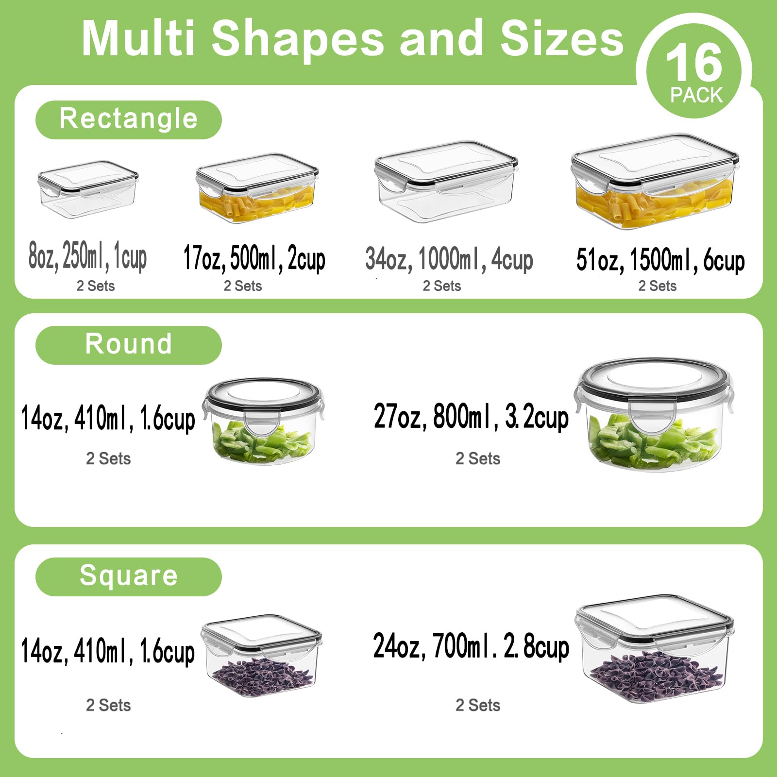 HOMBERKING rectangle containers in multiple sizes for portion control.