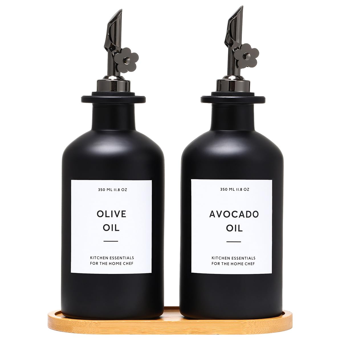 HOMCDALY olive oil dispenser set 2-pack on kitchen counter for easy oil control.