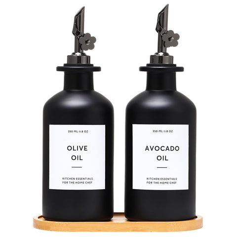 HOMCDALY olive oil dispenser set 2-pack on kitchen counter for easy oil control.