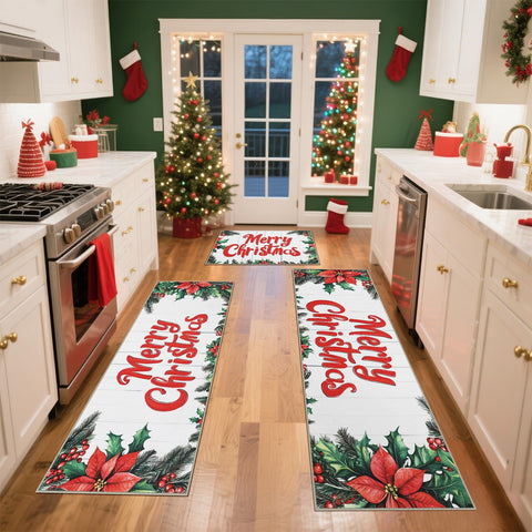Homcomoda pattern rug set with festive plaid border enhances holiday decor.