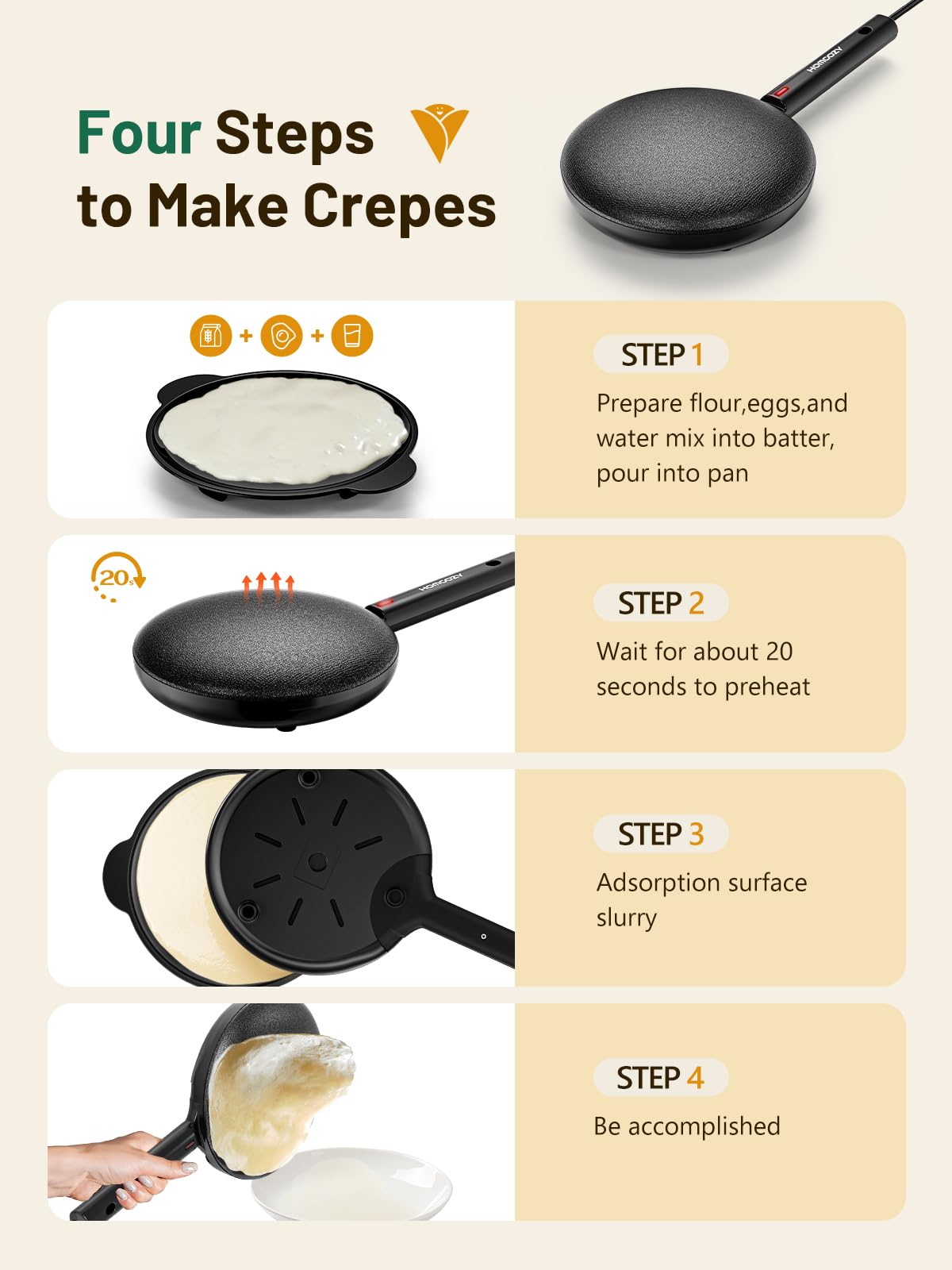 HomCozy crepe maker even heating ensures uniform browning on each crepe.