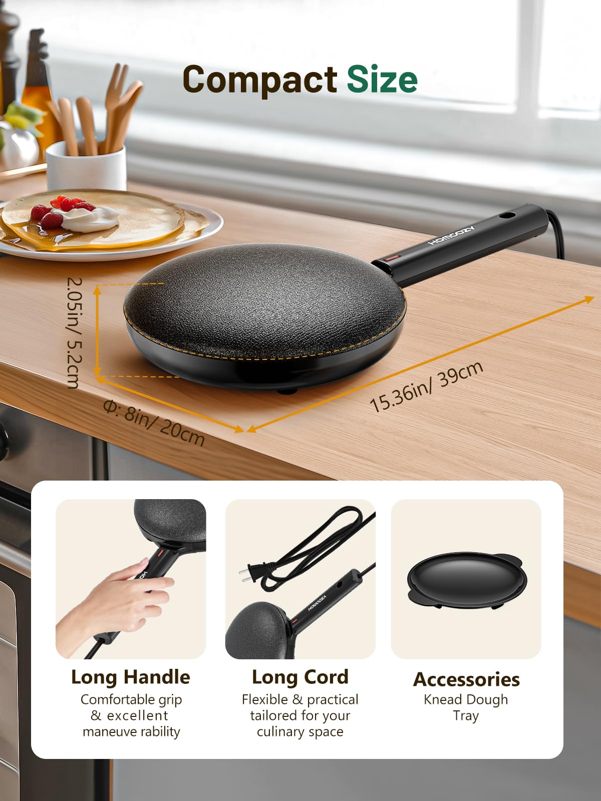 HomCozy crepe maker quick preheat in seconds for spontaneous snacks.