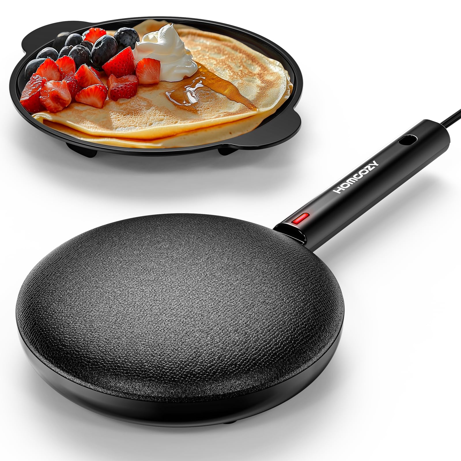 HomCozy electric crepe maker front view enables quick, even heating for perfect crepes.