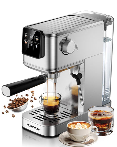 HomCozy Espresso Machine front view with a sleek stainless steel silhouette for home use.