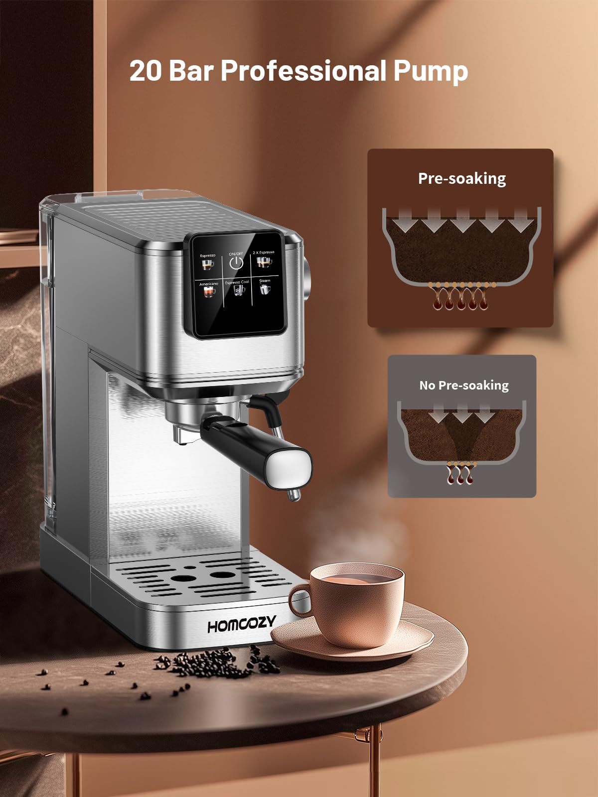 HomCozy hot coffee brewing button close-up showing quick hot beverages.