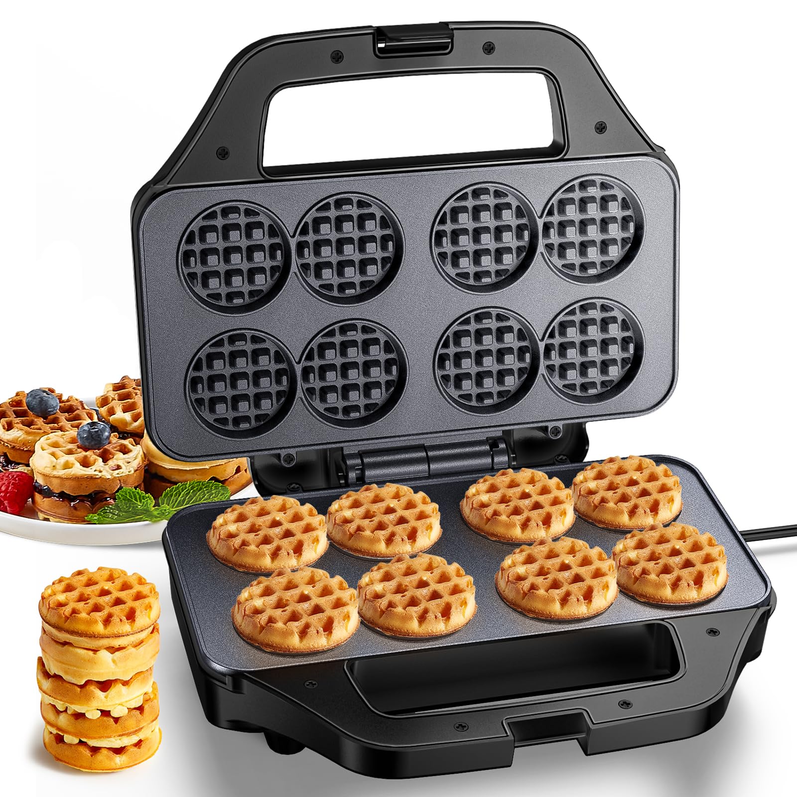HomCozy Mini Waffle Maker displaying 8 bite-sized waffles for quick family breakfasts.