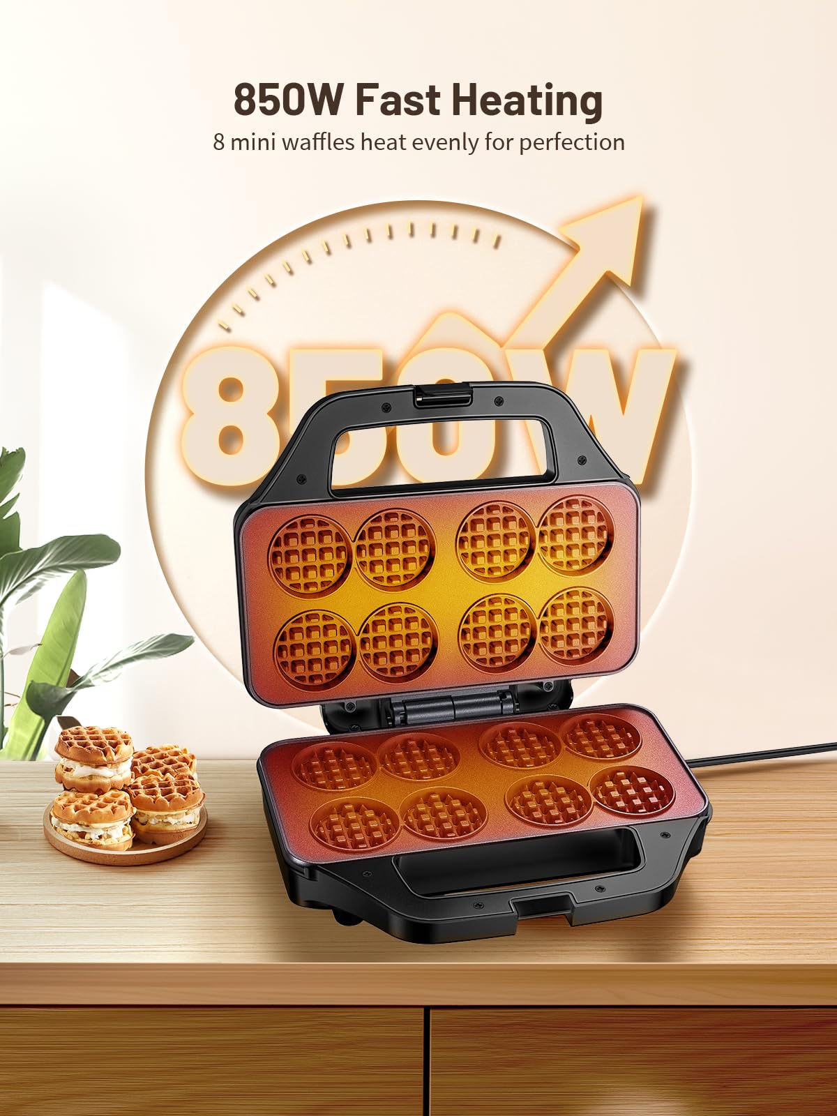 HomCozy mini waffle maker on a counter, showcasing compact design saves kitchen space.