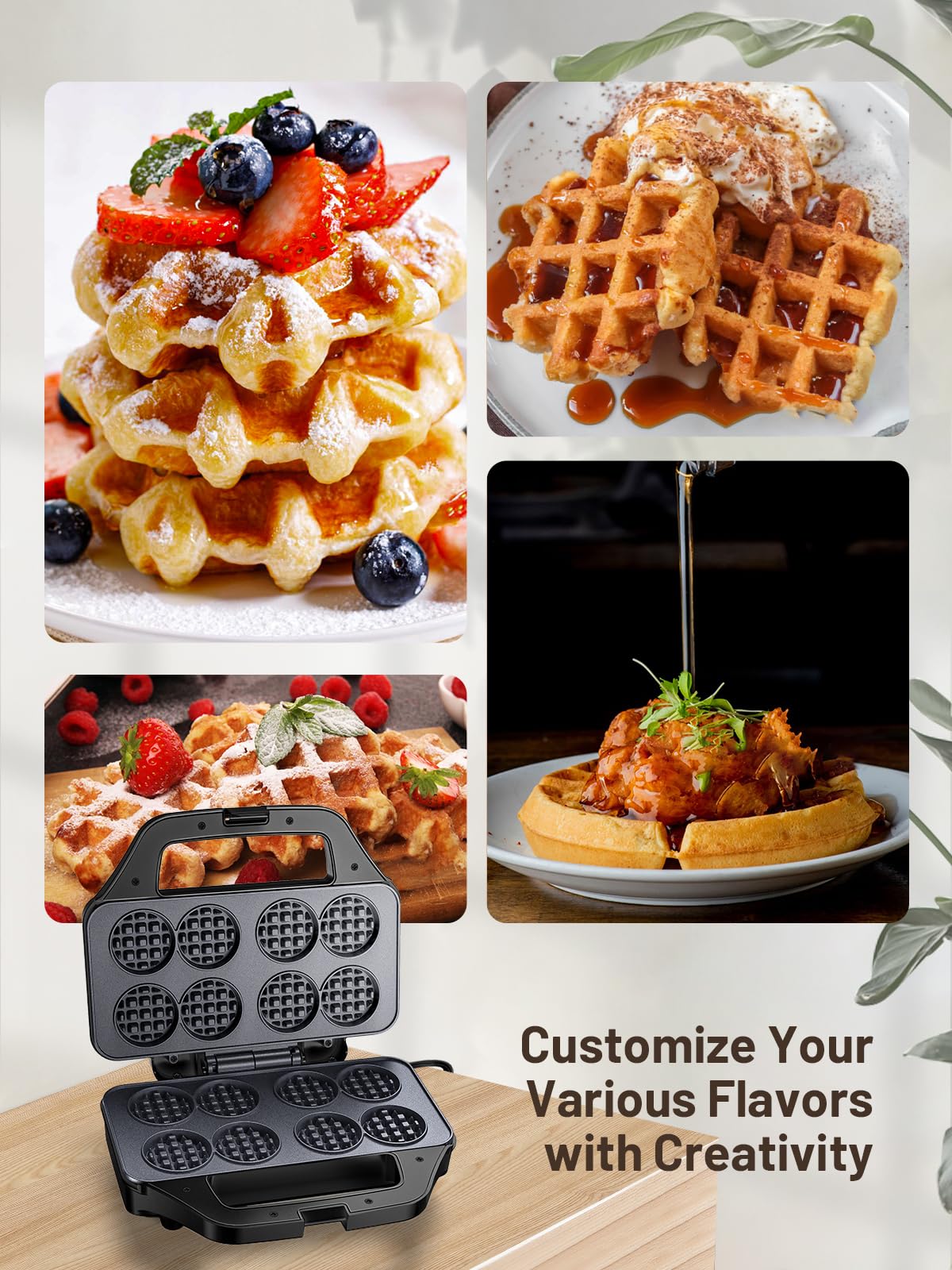 HomCozy mini waffle maker supports creative batters and kid-friendly treats.
