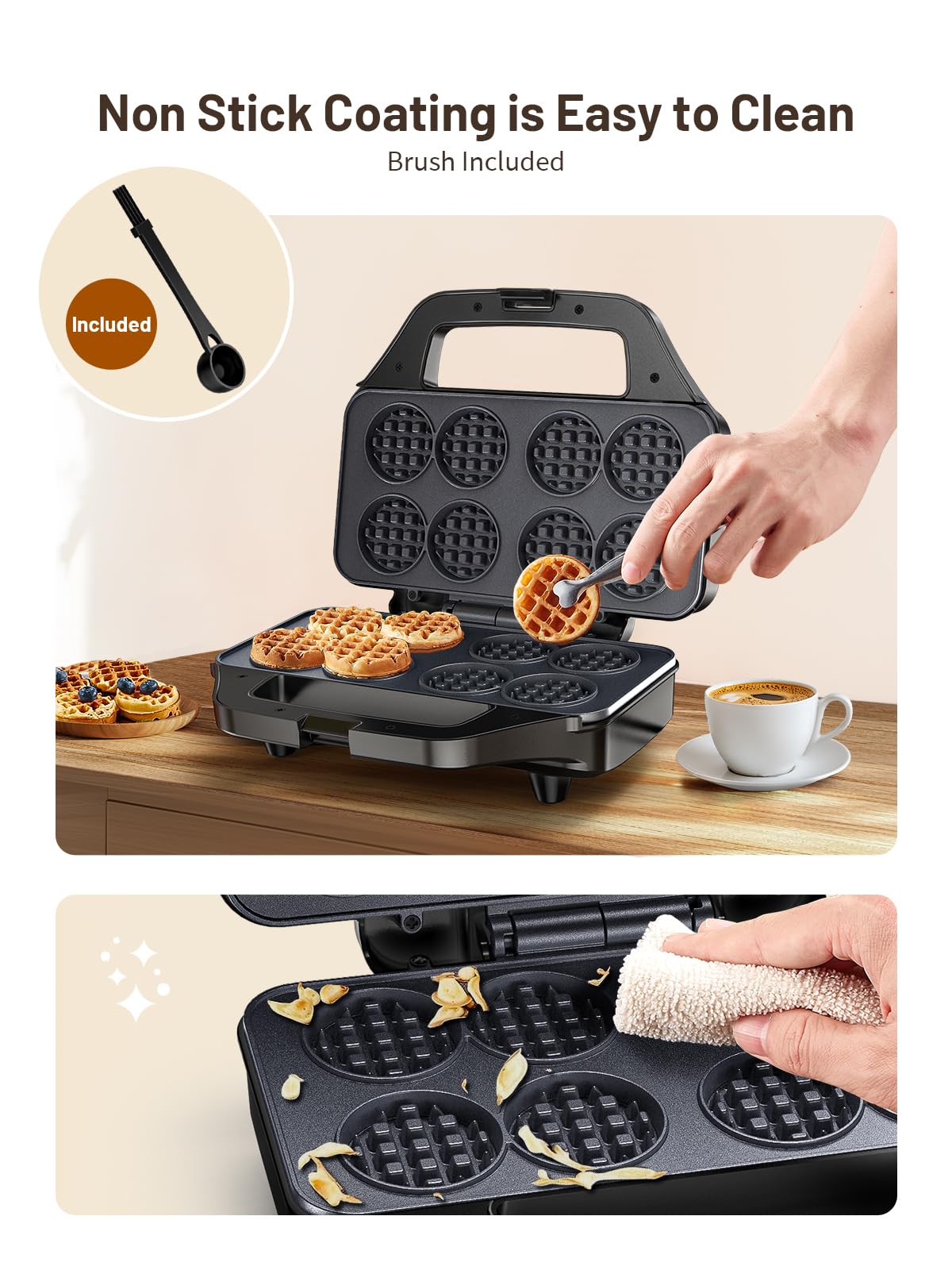 HomCozy mini waffle maker with nonstick plates for easy cleanup after breakfast.