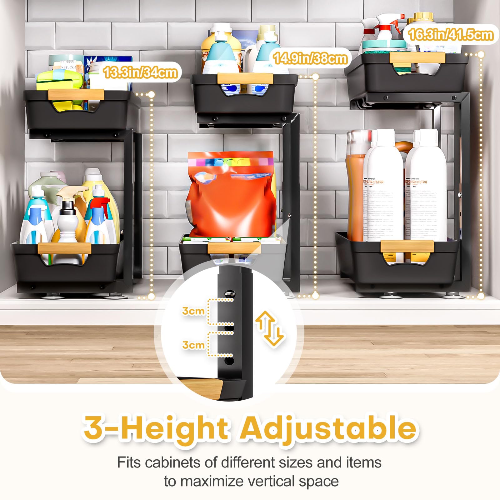 Homde adjustable-height setup for tall bottles and cleaners