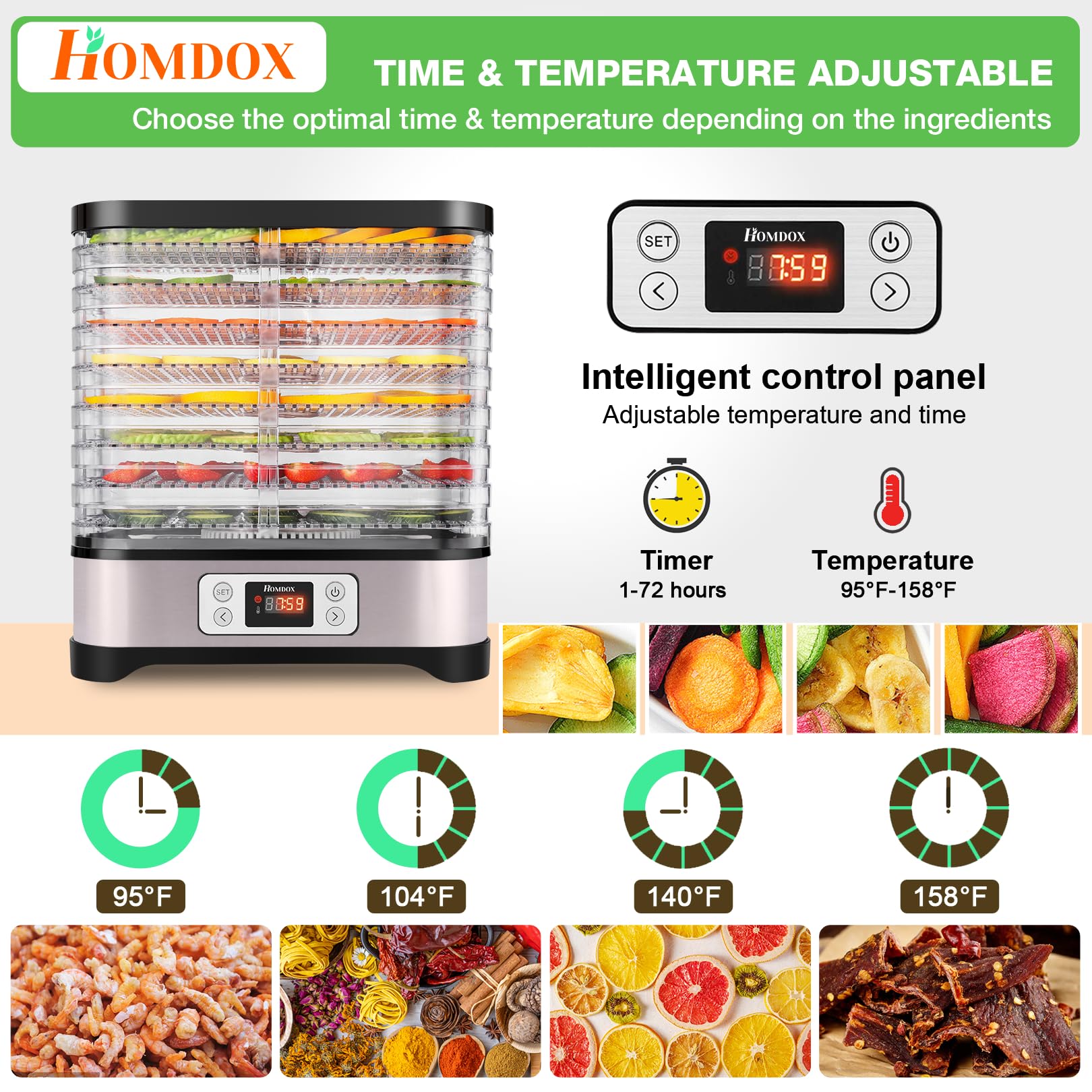 Homdox 360° hot air circulation ensures even dehydration.